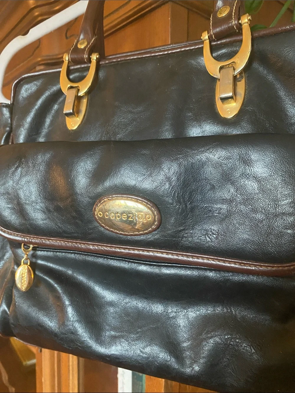 Capezio Black Doctor Satchel Bag Brown Trim Top Handle Crossbody Purse